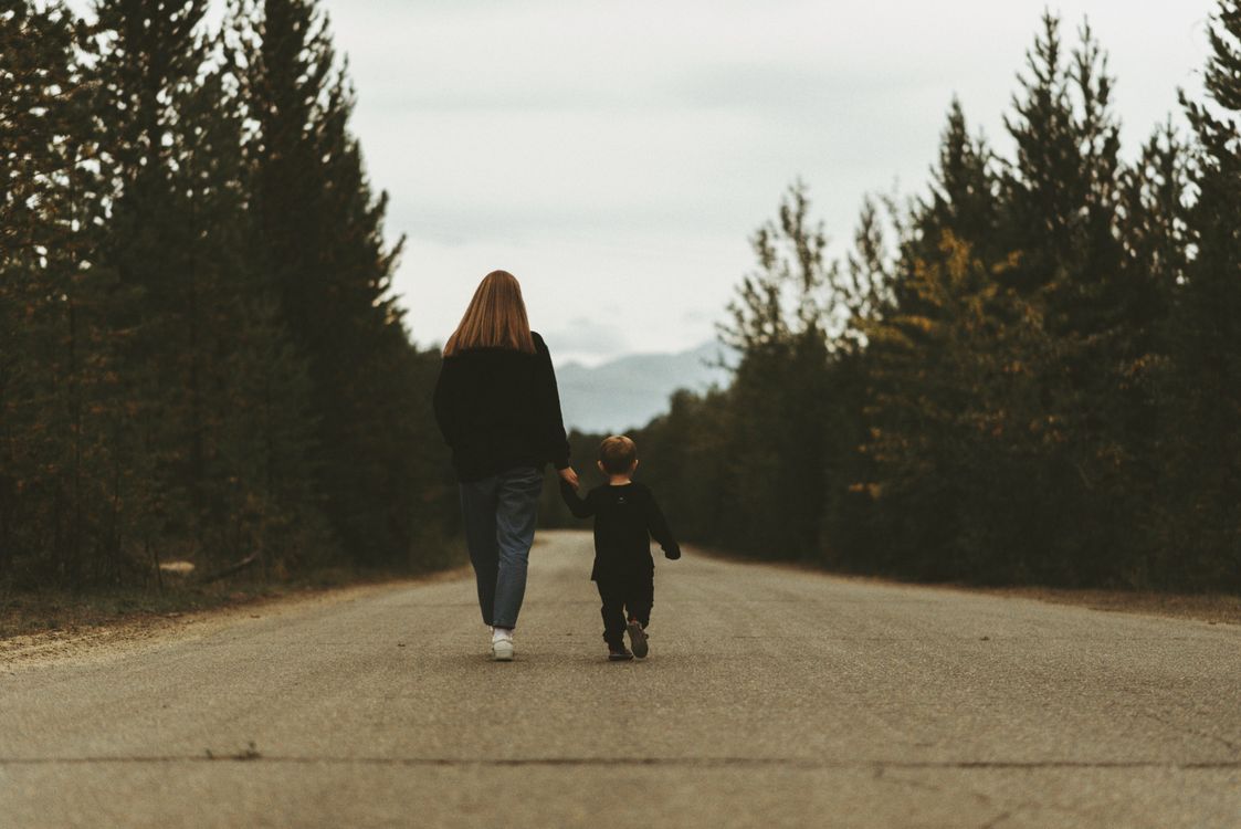 A parent and young child walking hand in hand along a tree-lined road